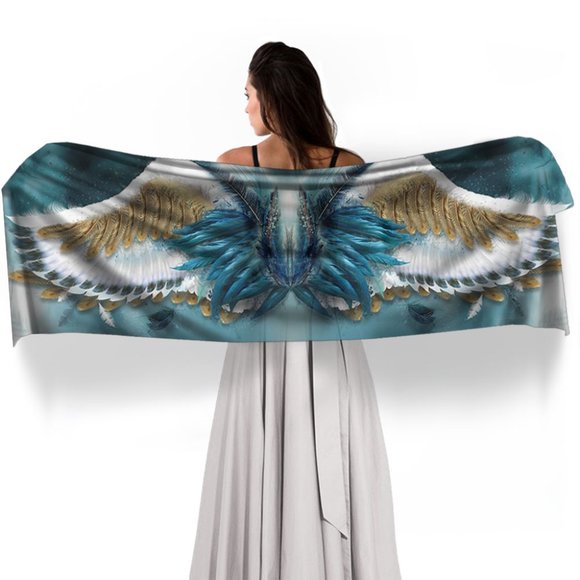 Blue & Gold Angel Feather Wings X-Long Crepe Scarf Wrap - Picture 4 of 13